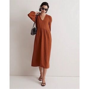 Madewell Lightspun Midi Dress Burnt Orange Gauze V Neck -S